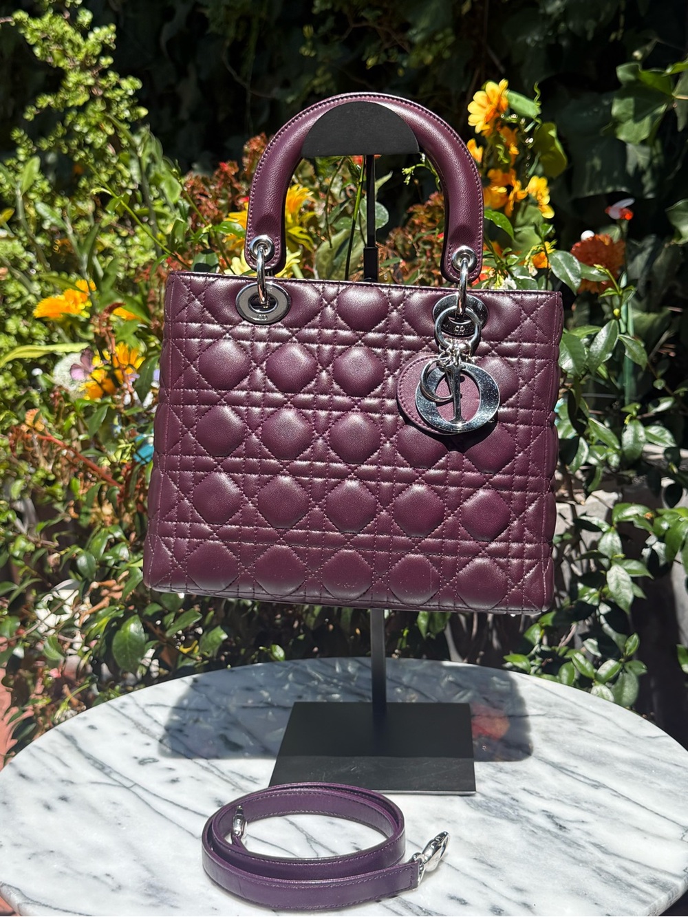 Christian Dior Quilted Leather Medium Lady Dior in Deep Plum Purple w/ Strap